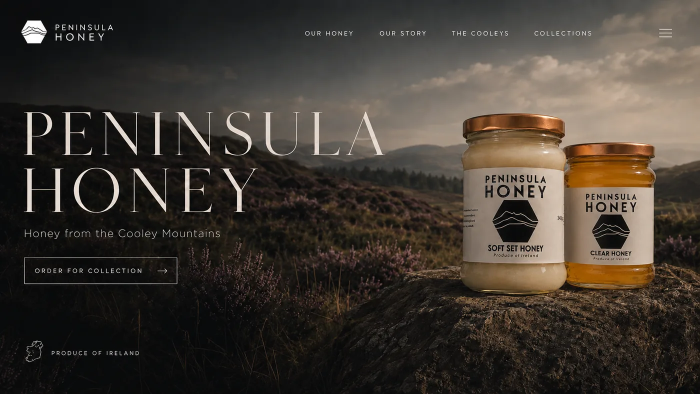 Peninsula Honey website homepage showing Irish honey in the Cooley Mountains